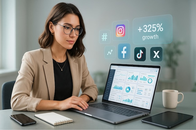 Businesswoman analyzing social media metrics on laptop with icons for Instagram, Facebook, TikTok, and 325% growth shown.
