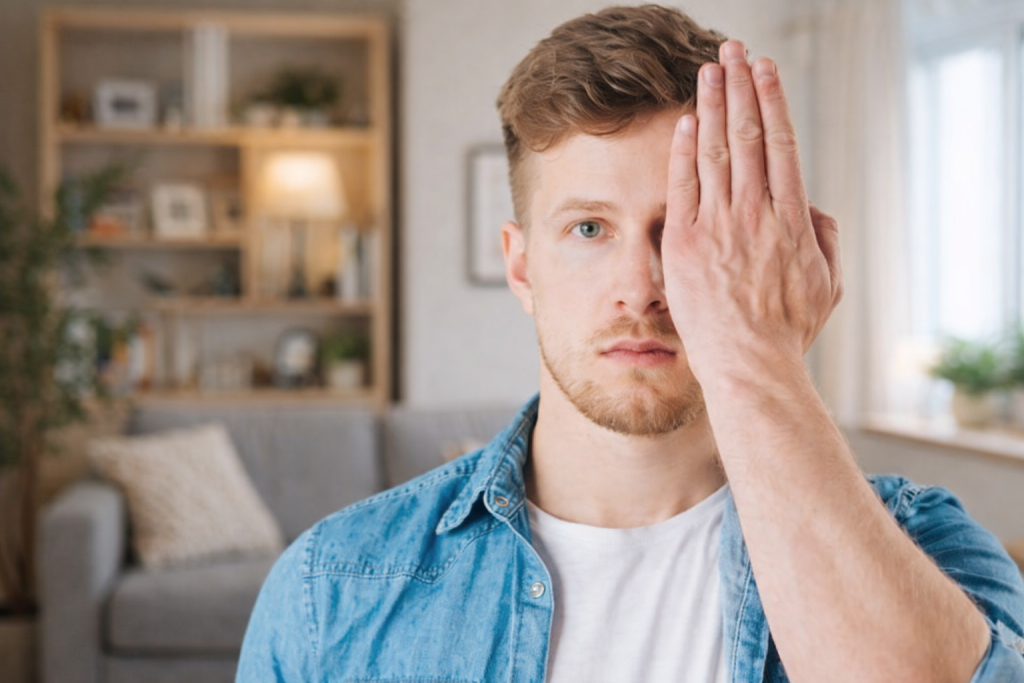 Man covering one eye during at-home vision check in living room, looking ahead