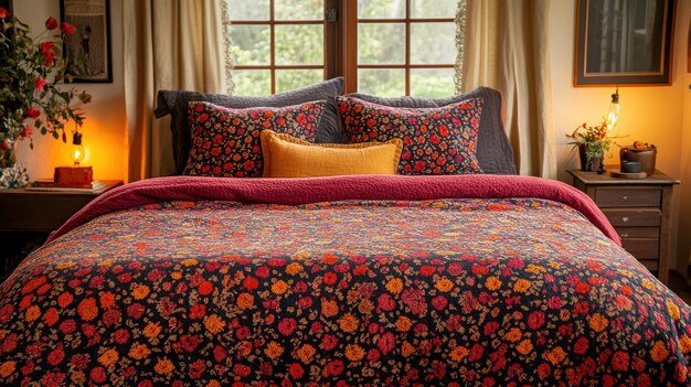 A cozy bedroom with a dark floral bedspread, matching pillows, warm bedside lamps, and a window framed by beige curtains.